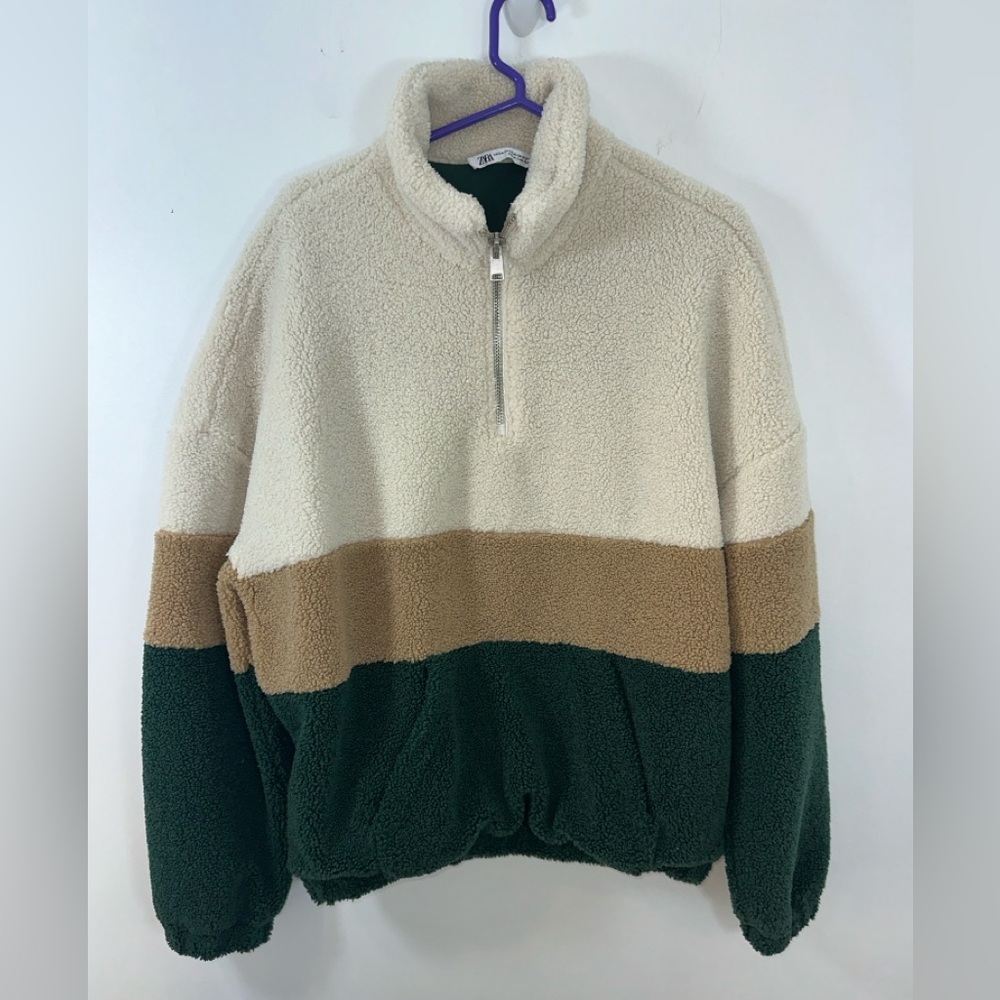 Zara Cream and Tan Zip Up Sweater with Stand-Up Collar
